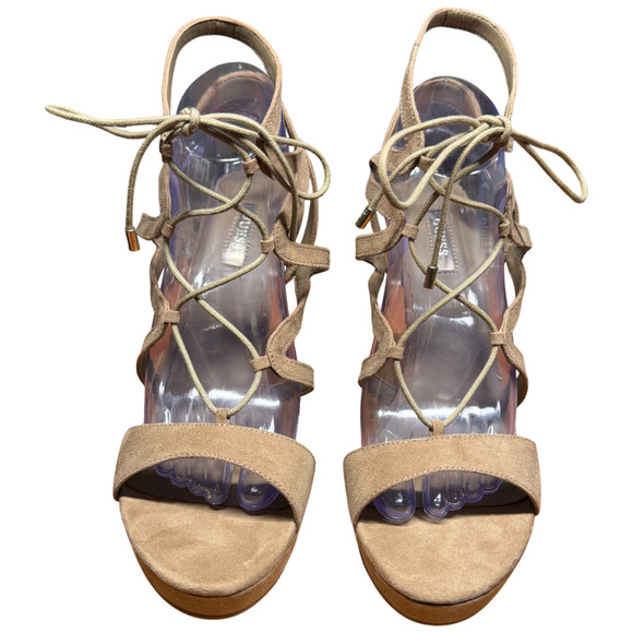 Guess Aurela Women's 10M Beige Suede Platform Heels Stiletto Sandal Cage Strappy - Picture 8 of 16